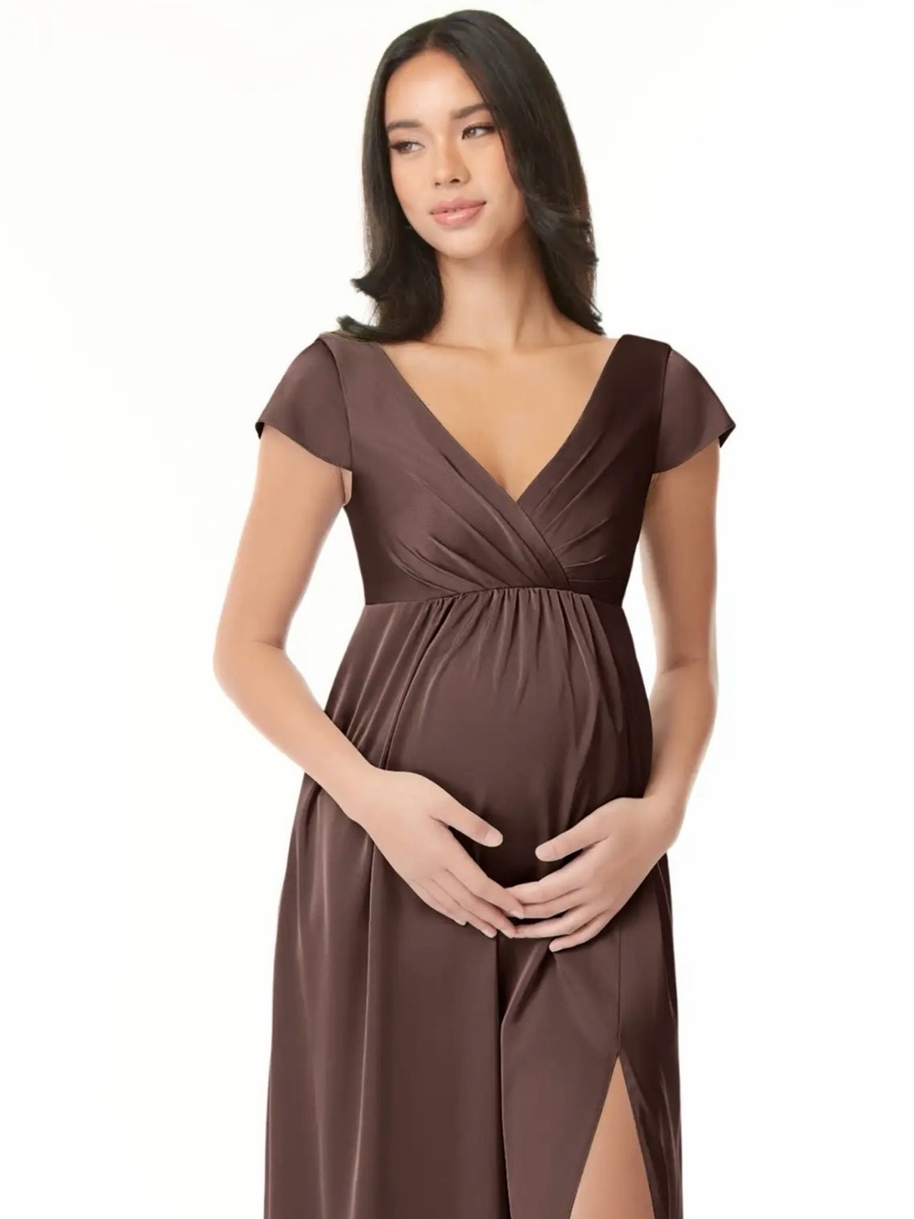 Azazie Brown Maternity V‑Neck Wrap Maxi Dress